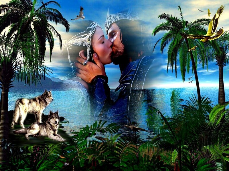Couple Kissing on Beach — Blue, Romantic, Afternoon, Digital Art