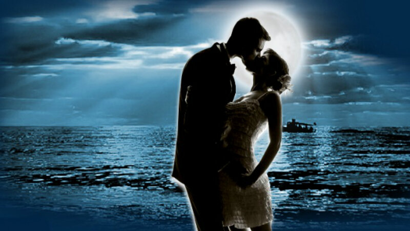 Couple Kissing on Beach — Blue, Romantic, Night, Photograph