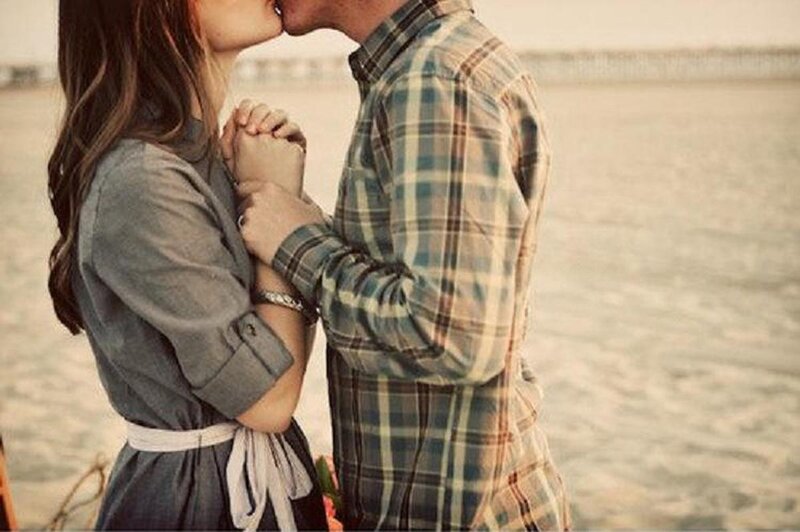 Couple Kissing on Beach — Blue, Romantic, Sunset