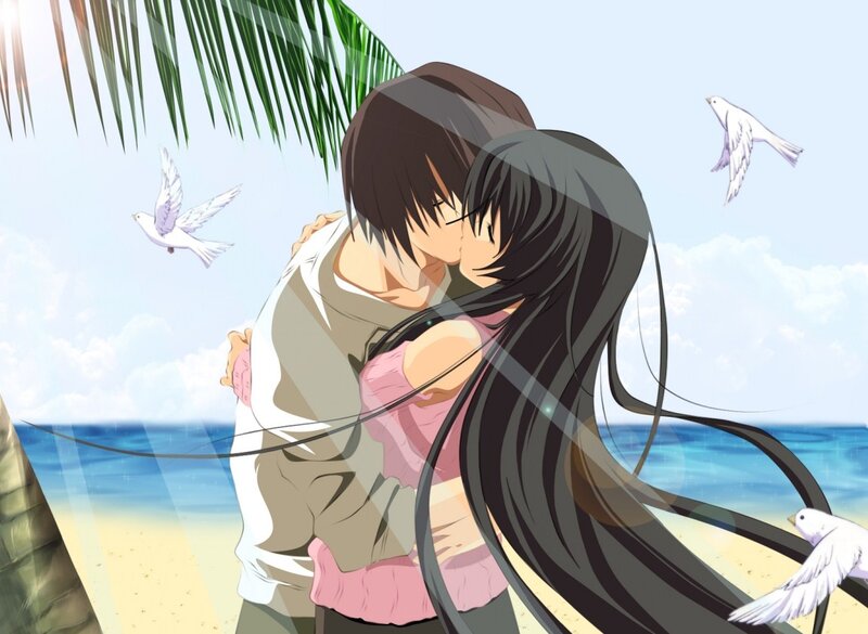 Couple Kissing on Beach — Blue, Serene, Afternoon, Anime