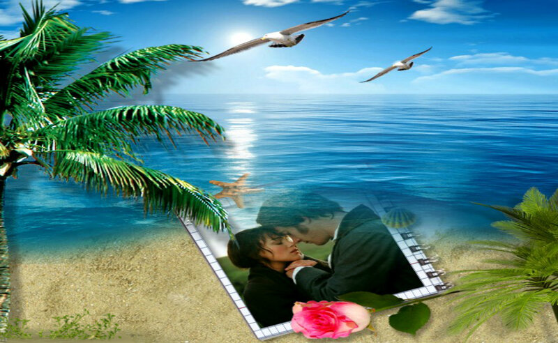 Couple Kissing on Beach — Blue, Serene, Afternoon, Digital Art