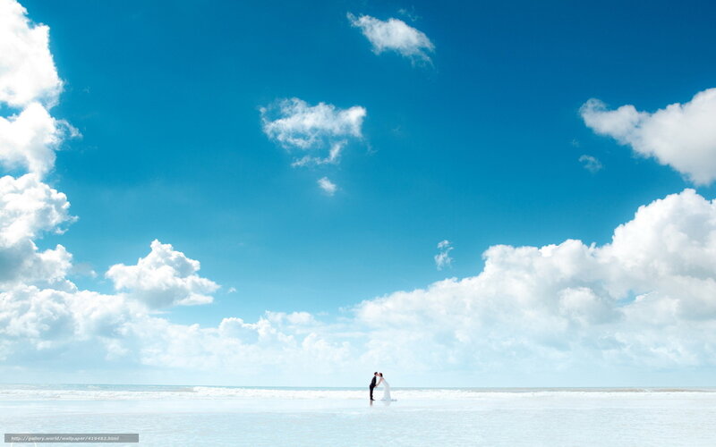 Couple Kissing on Beach — Blue, Serene, Afternoon, Photograph