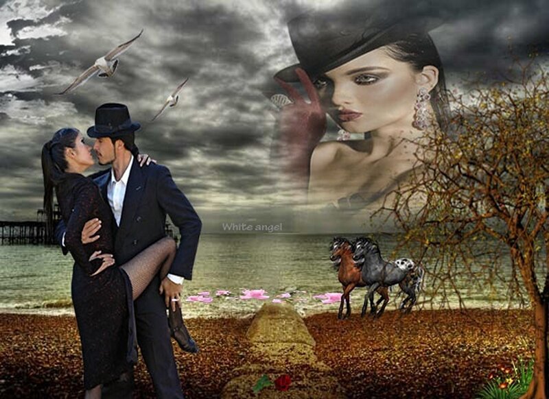 Couple Kissing on Beach — Gray, Dramatic
