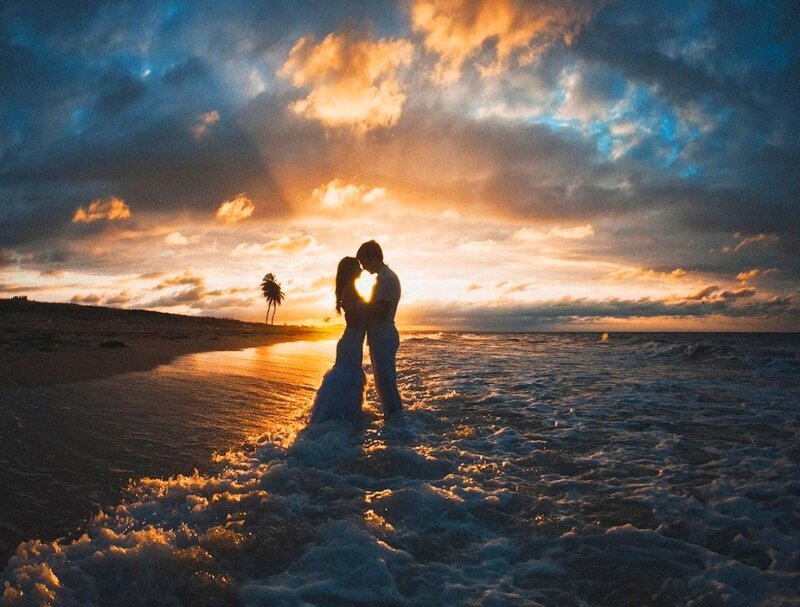 Couple Kissing on Beach — Orange, Dramatic, Sunset, Photograph