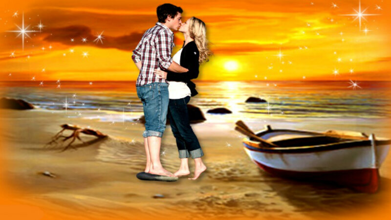 Couple Kissing on Beach — Orange, Romantic, Sunset, Digital Art, Boat