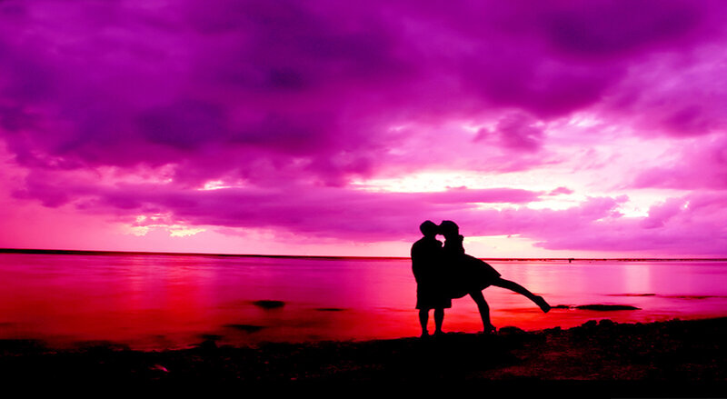 Couple Kissing on Beach — Purple, Dramatic, Sunset