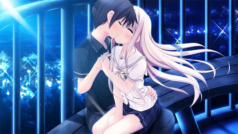 Couple Kissing on Bench — Blue, Romantic, Night