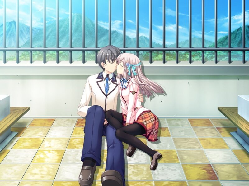 Couple Kissing on Bench — Blue
