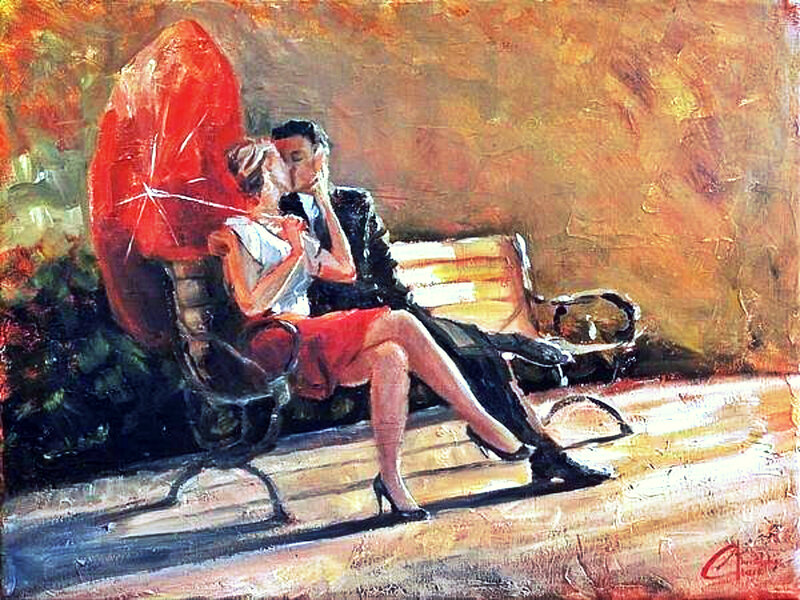 Couple Kissing on Bench — Red, Romantic