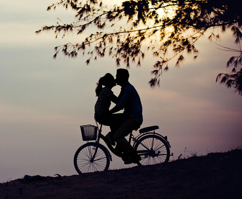 Couple Kissing on Bicycle — Purple, Romantic