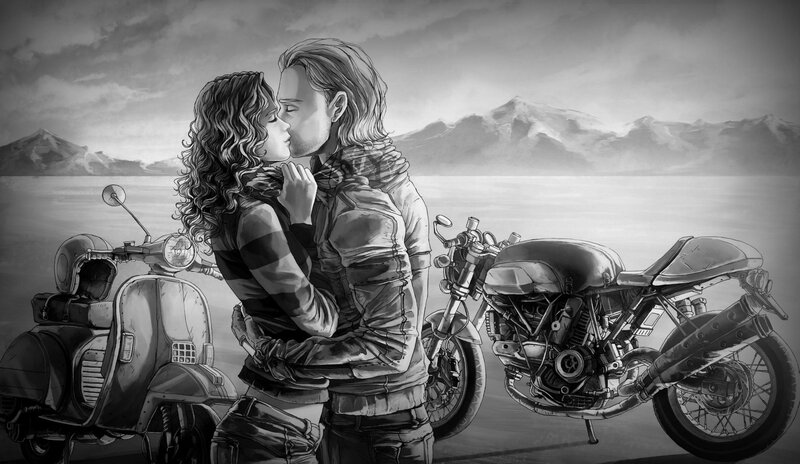 Couple Kissing on Bikes — Black