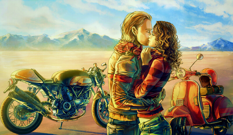 Couple Kissing on Bikes — Blue