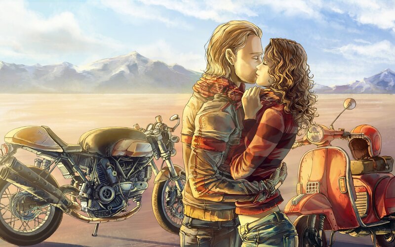 Couple Kissing on Bikes — Brown