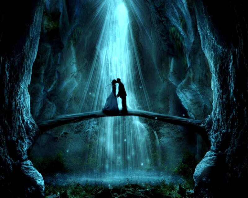 Couple Kissing on Bridge — Blue, Dramatic, Night