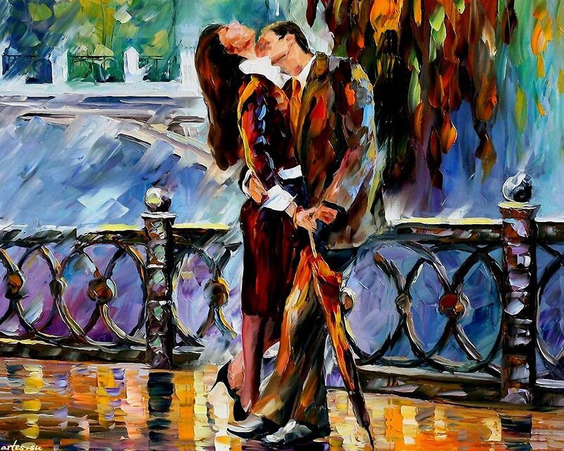 Couple Kissing on Bridge — Blue, Romantic, Autumn