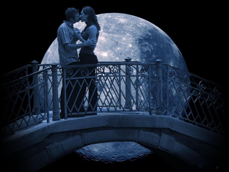 Couple Kissing on Bridge — Blue, Romantic