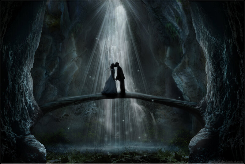 Couple Kissing on Bridge — Gray