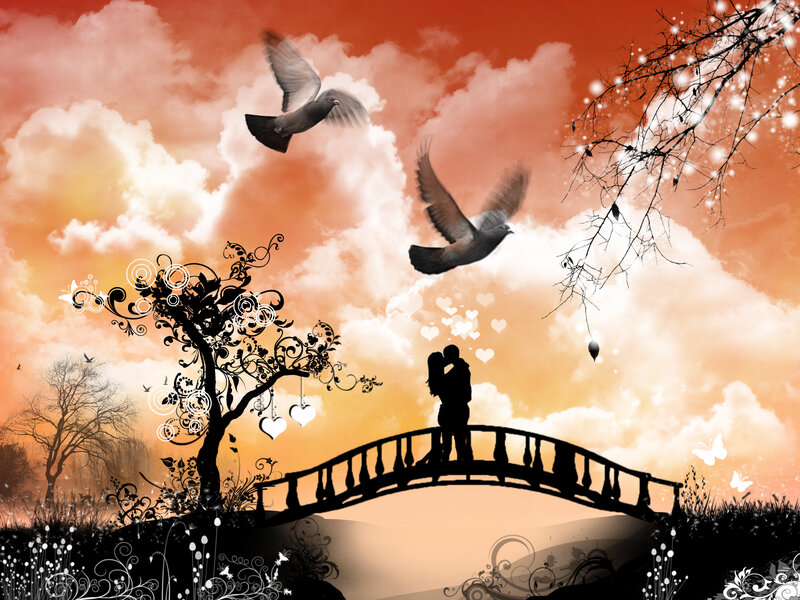 Couple Kissing on Bridge — Orange, Romantic, Sunset, Digital Art