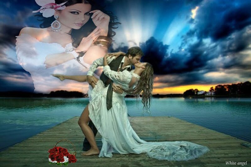 Couple Kissing on Dock — Blue