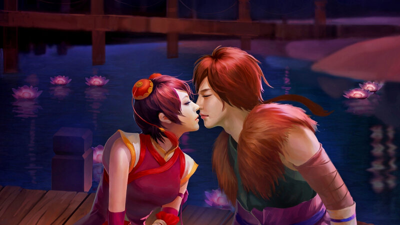 Couple Kissing on Dock — Purple, Romantic, Night