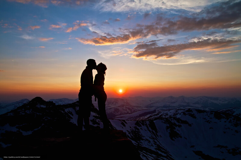 Couple Kissing on Mountain — Orange, Dramatic, Sunset, Photograph