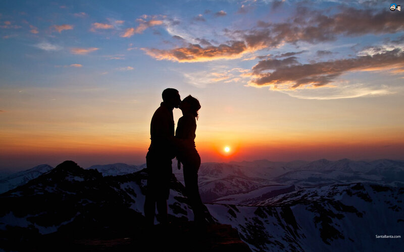 Couple Kissing on Mountain — Orange, Dramatic, Sunset
