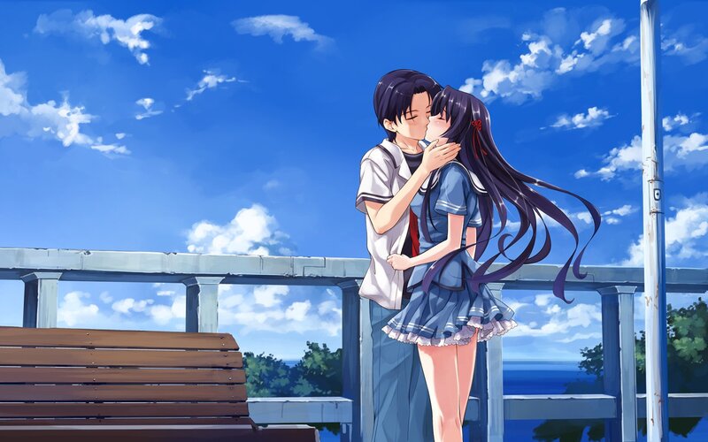 Couple Kissing on Pier — Blue, Serene
