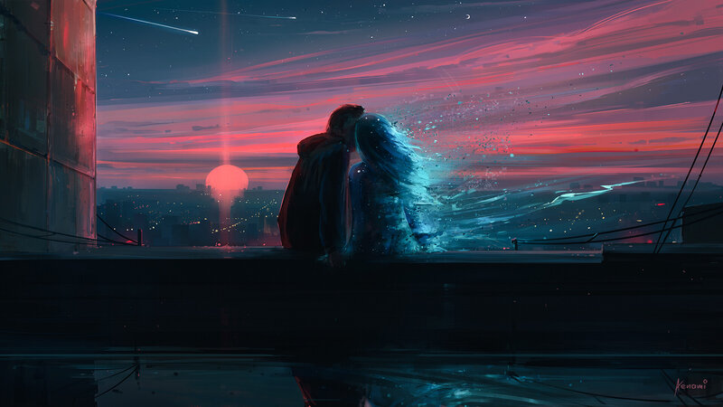 Couple Kissing on Rooftop — Red