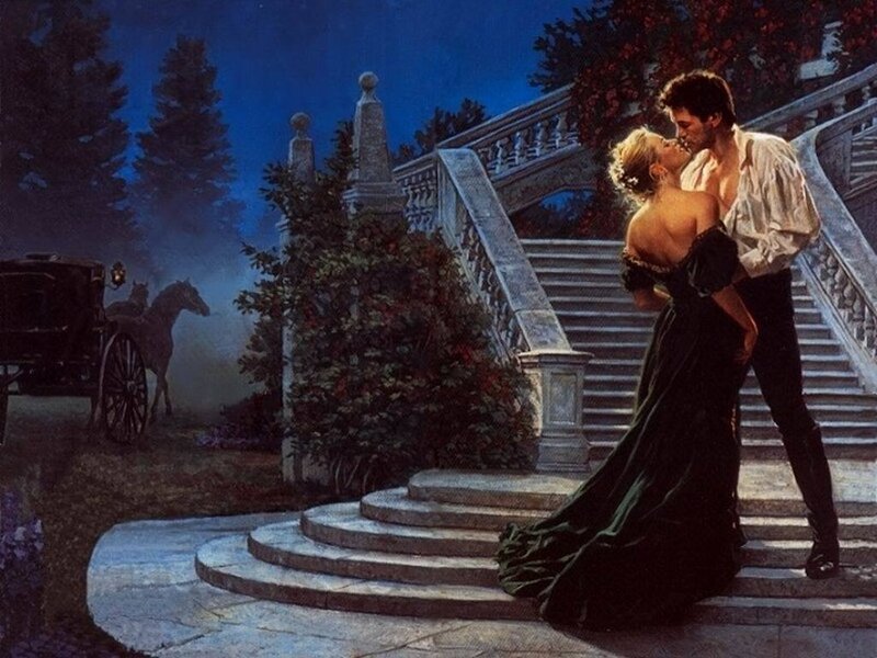 Couple Kissing on Stairs — Blue, Romantic