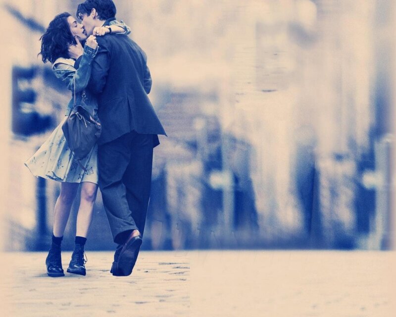 Couple Kissing on Street — Blue, Romantic, Photograph