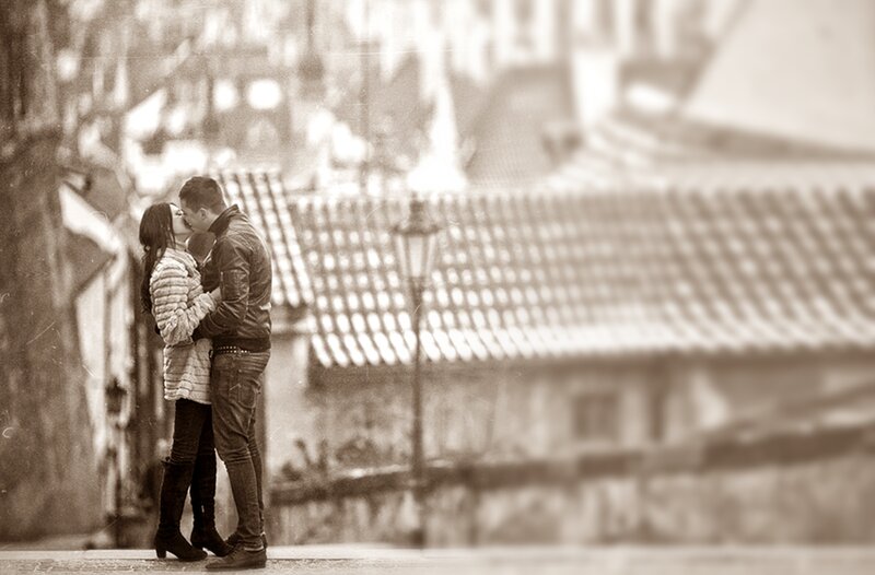Couple Kissing on Street — Sepia