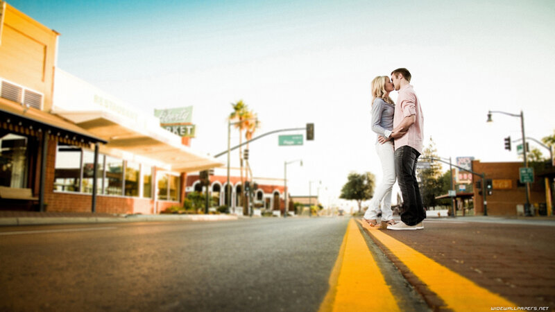 Couple Kissing on Street — Yellow, Romantic, Afternoon