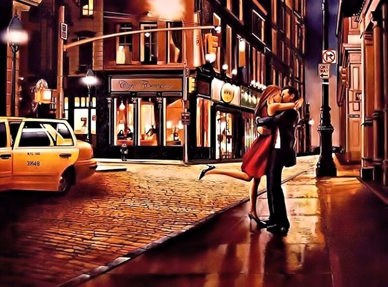 Couple Kissing on Street — Yellow, Romantic, Night