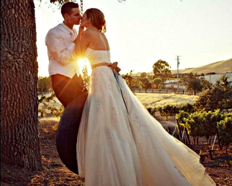 Couple Kissing on Swing — White