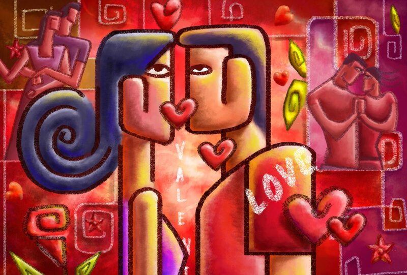 Couple Kissing — Red, Romantic, Illustration