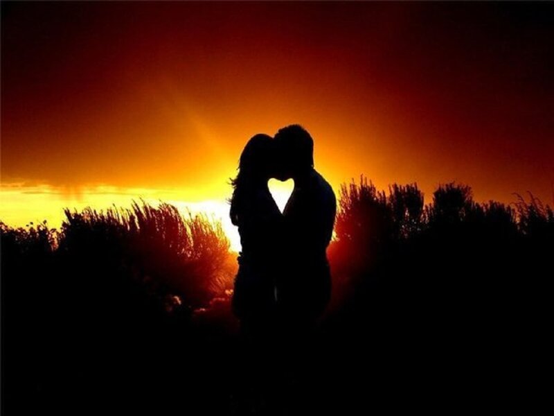 Couple Kissing Silhouette — Orange, Romantic, Sunset