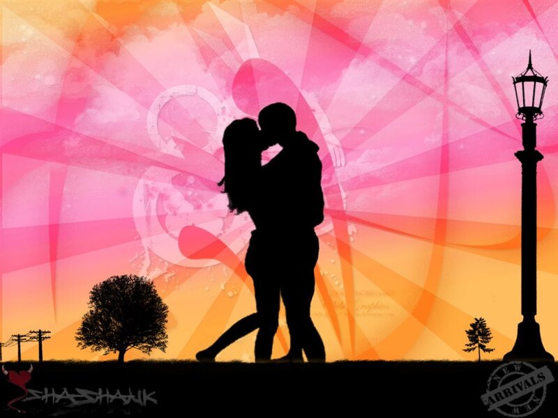 Couple Kissing Silhouette — Pink, Romantic, Sunset, Digital Art, Tree, Lamppost