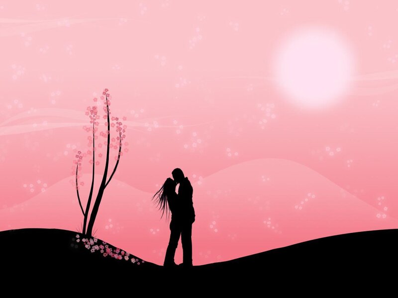 Couple Kissing Silhouette — Pink, Romantic, Sunset, Digital Art, Tree