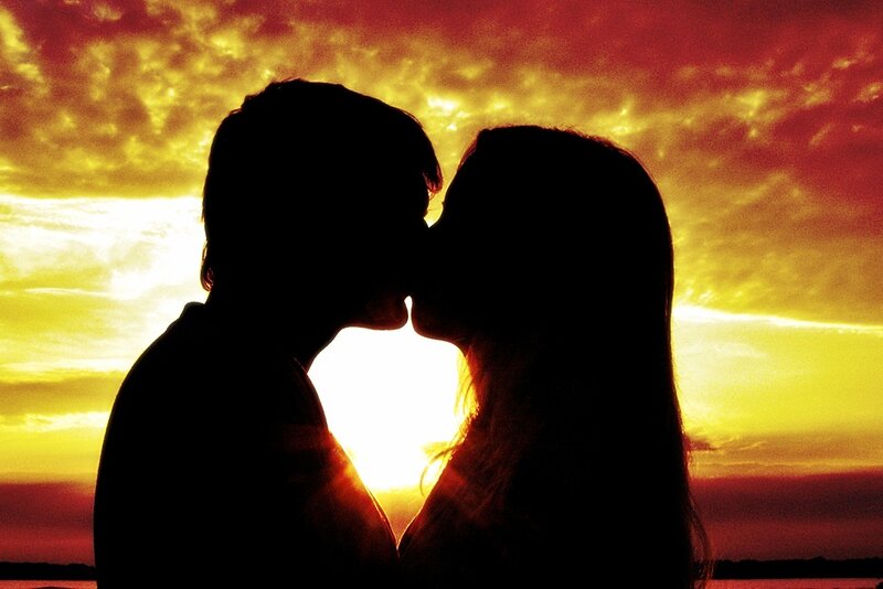 Couple Kissing Silhouette — Yellow, Romantic, Sunset, Photograph, Sky