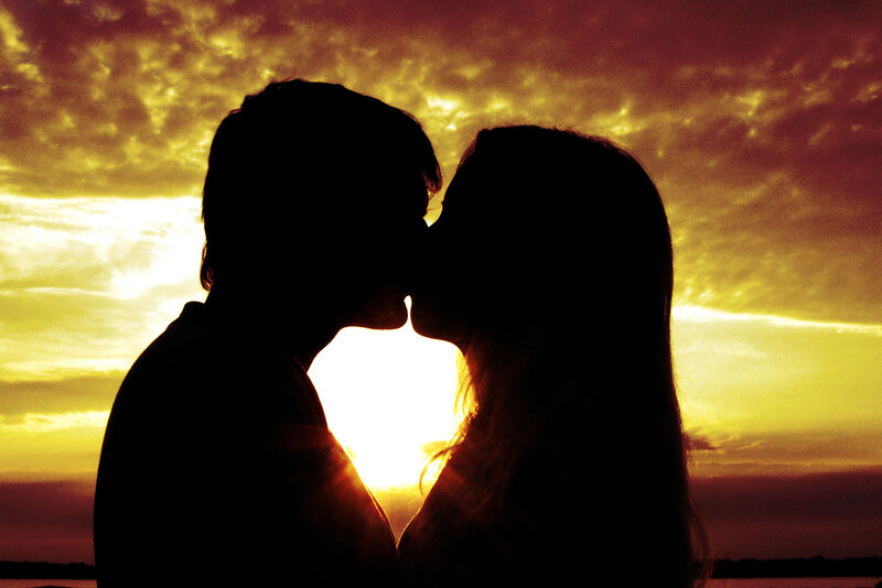 Couple Kissing Silhouette — Yellow, Romantic, Sunset, Photograph