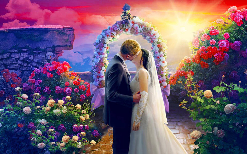 Couple Kissing under Arch — Pink, Romantic