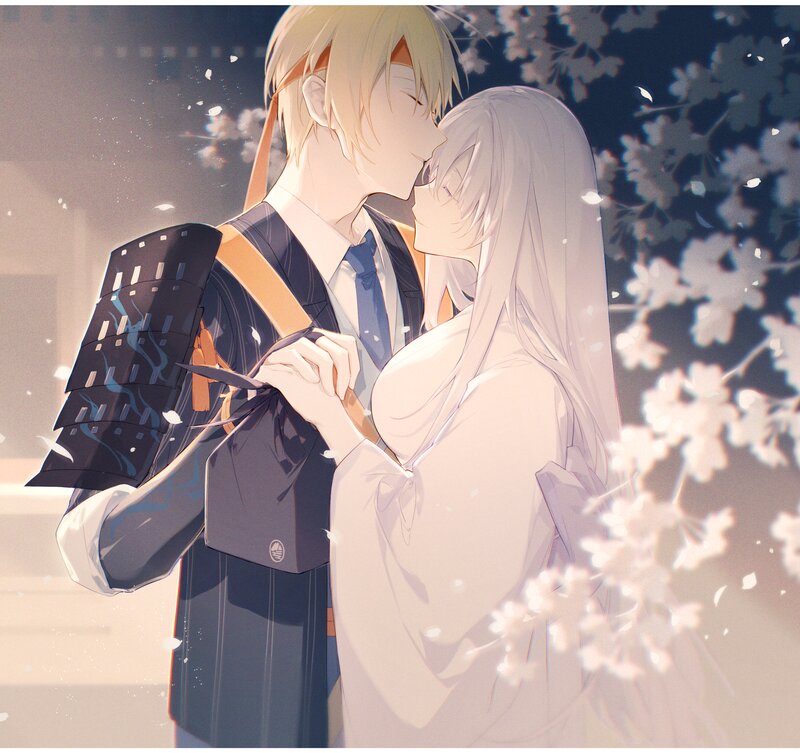 Couple Kissing under Blossoms — White