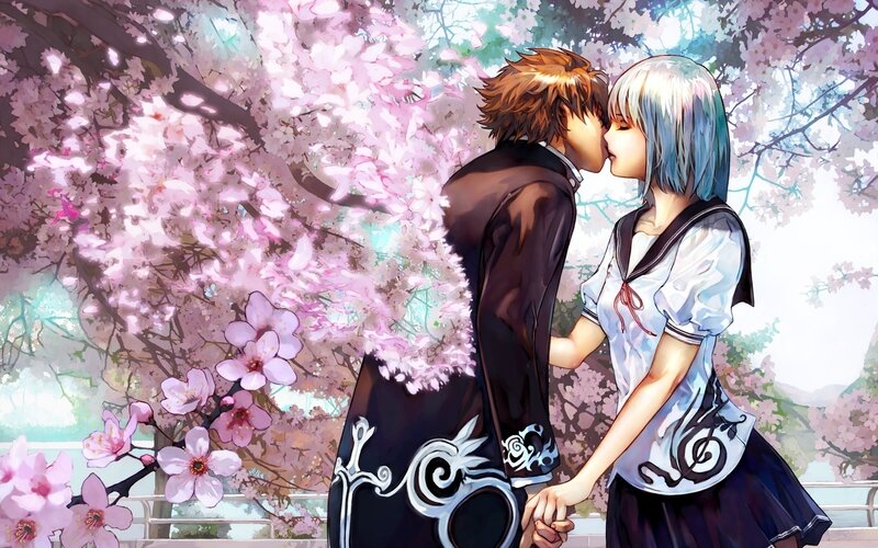 Couple Kissing under Cherry Blossoms — Pink, Romantic, Spring, Anime, Cherry Blossoms, School Uniforms