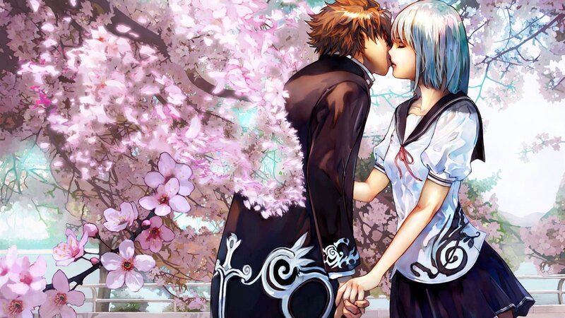 Couple Kissing under Cherry Blossoms — Pink, Romantic, Spring, Anime