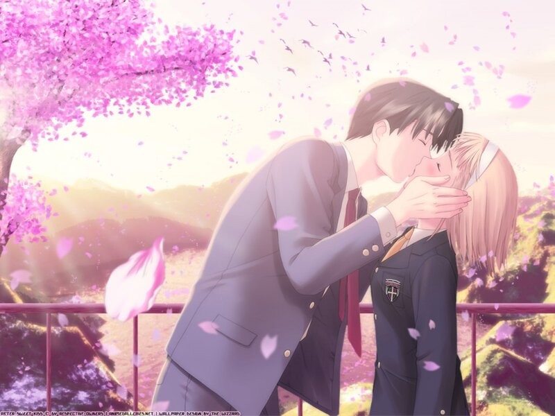 Couple Kissing under Cherry Blossoms — Pink, Romantic
