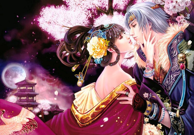 Couple Kissing under Cherry Blossoms — Purple, Romantic, Night, Digital Art