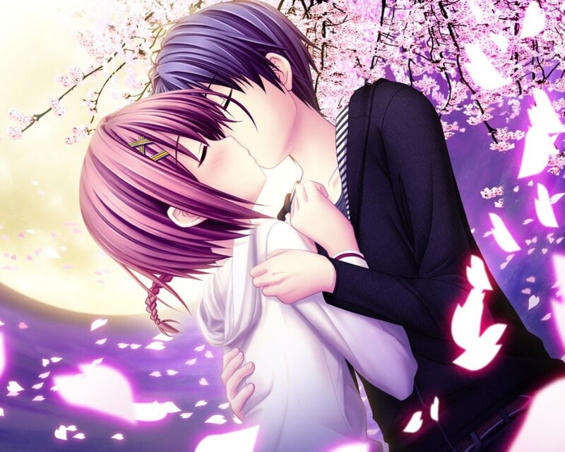 Couple Kissing under Cherry Blossoms — Purple, Romantic, Night