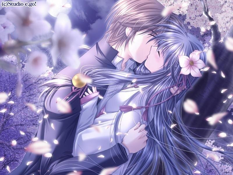 Couple Kissing under Cherry Blossoms — Purple, Romantic, Spring