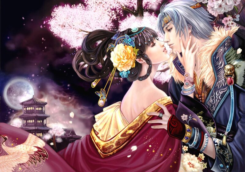 Couple Kissing under Cherry Blossoms — Purple