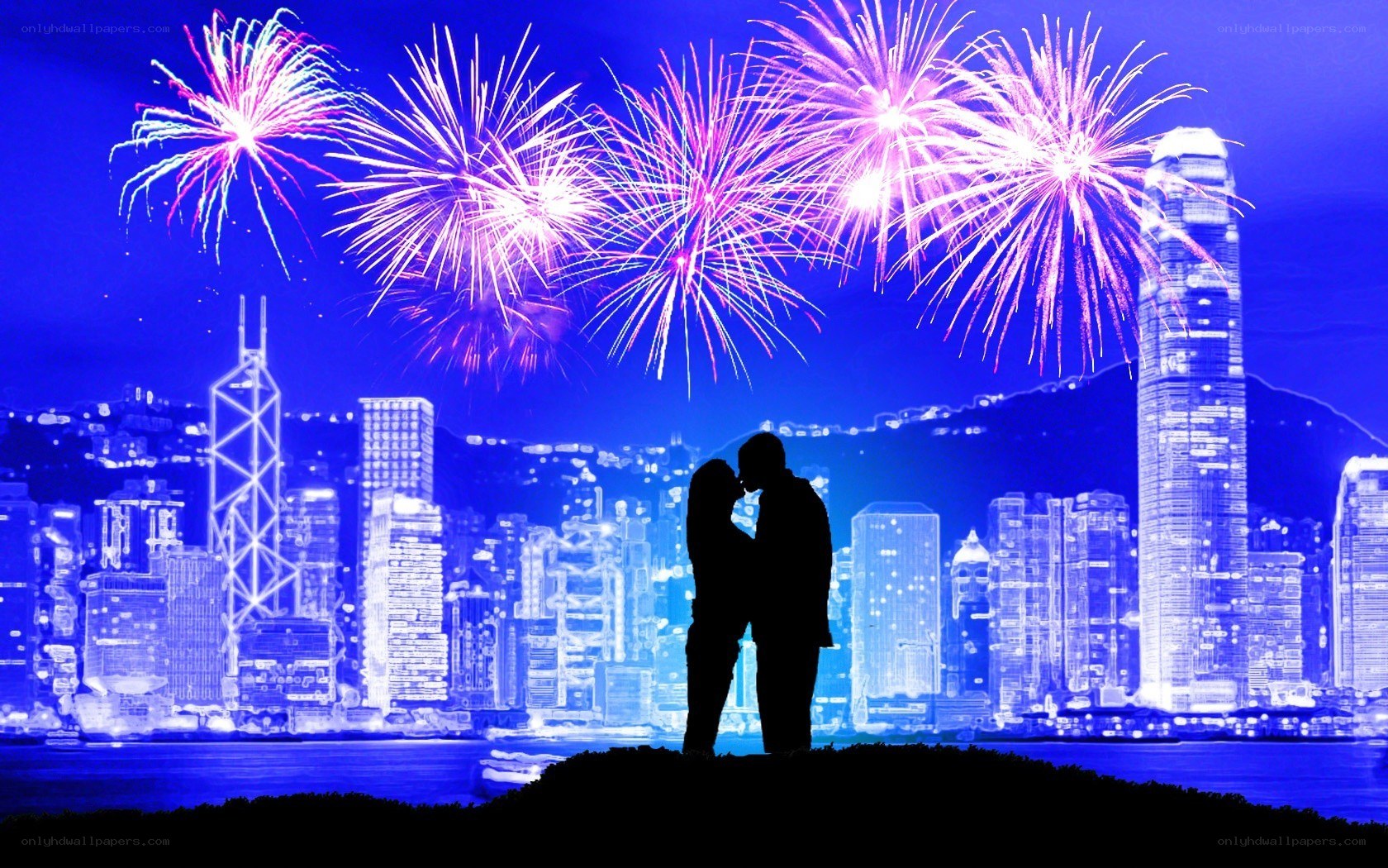 Couple kissing under fireworks